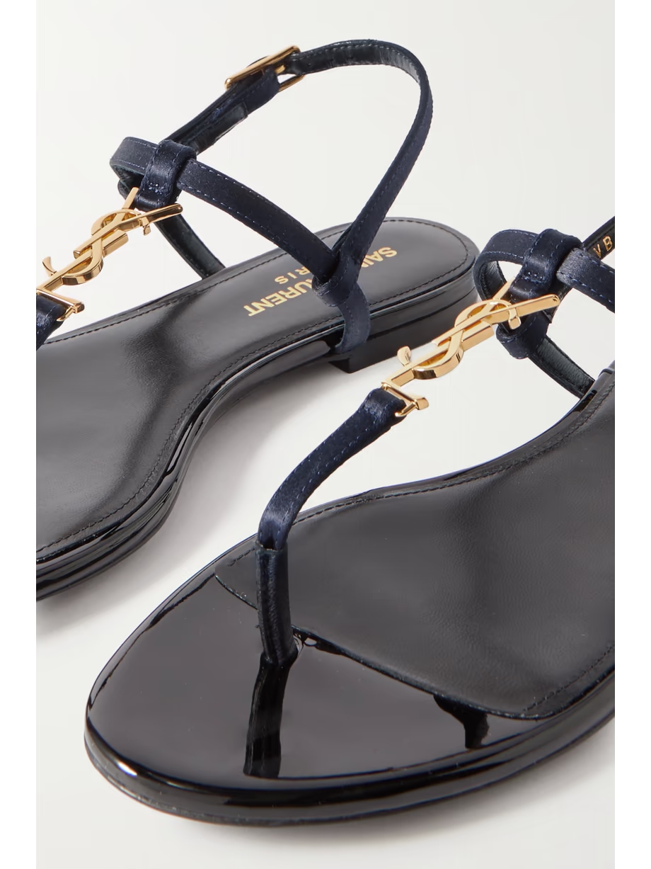Cassandra logo-embellished satin and leather slingback sandals Cassandra logo-embellished satin and leather slingback sandals