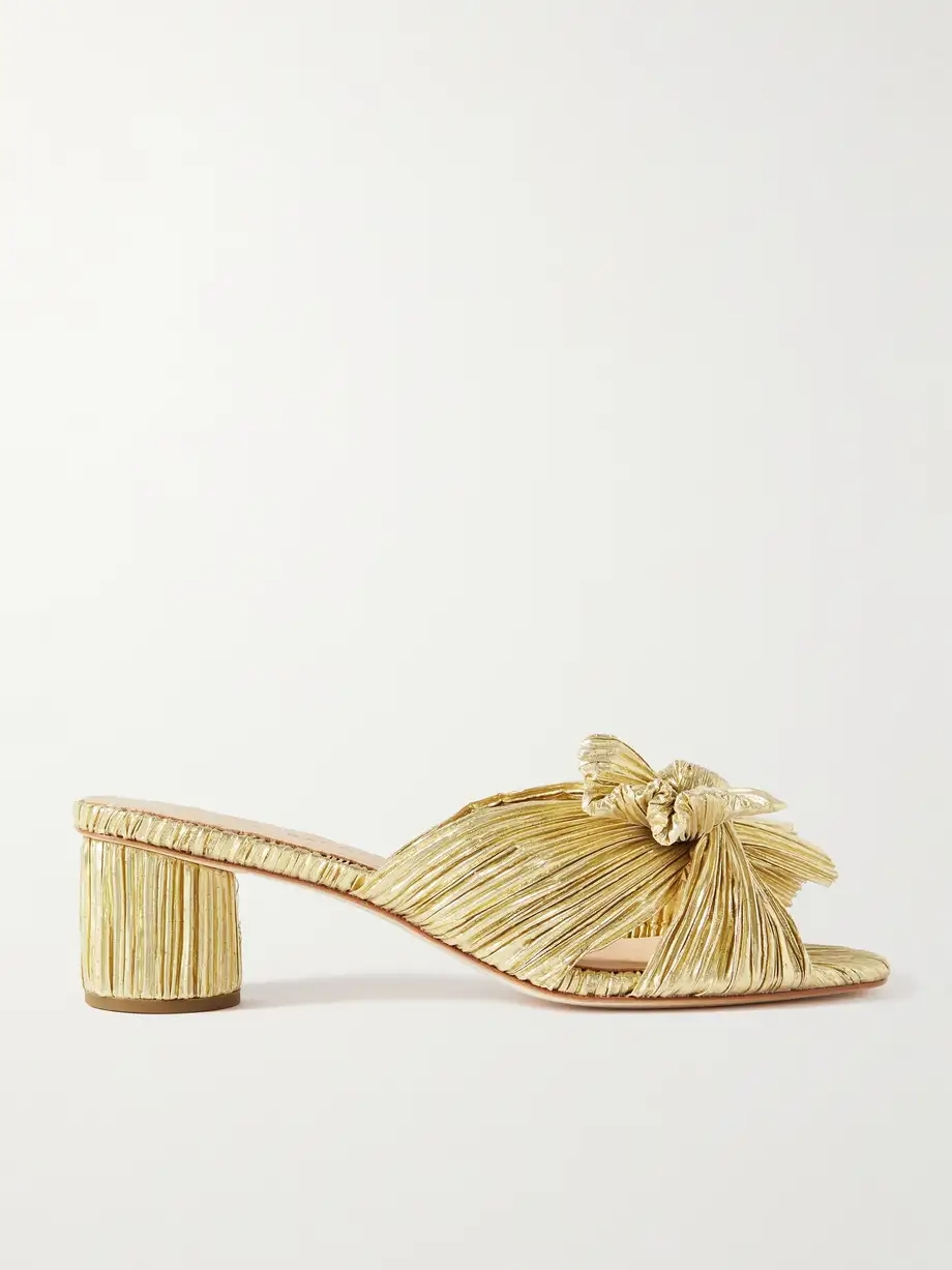 Emilia bow-embellished plissé-lamé mules Emilia bow-embellished plissé-lamé mules