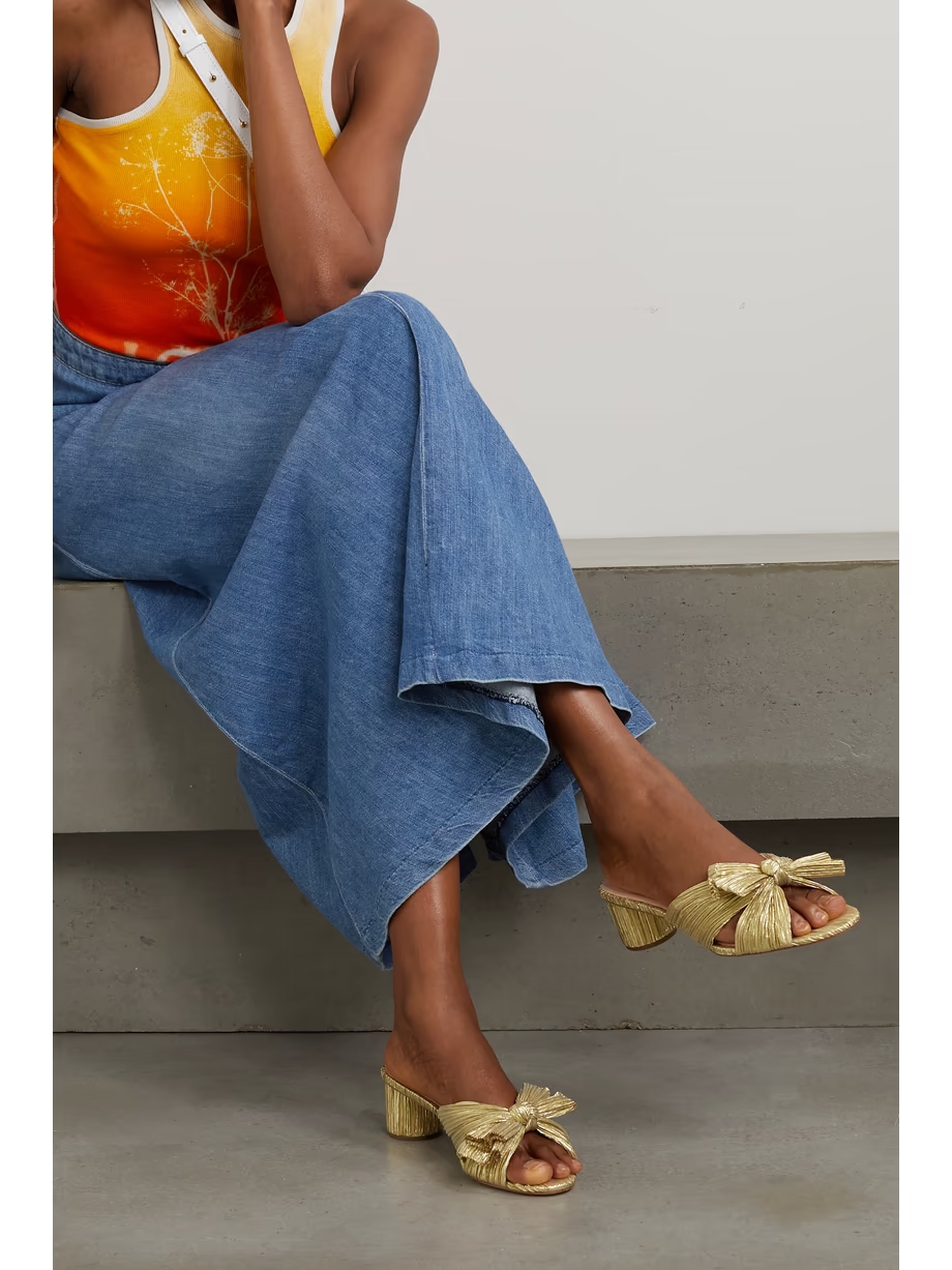 Emilia bow-embellished plissé-lamé mules Emilia bow-embellished plissé-lamé mules