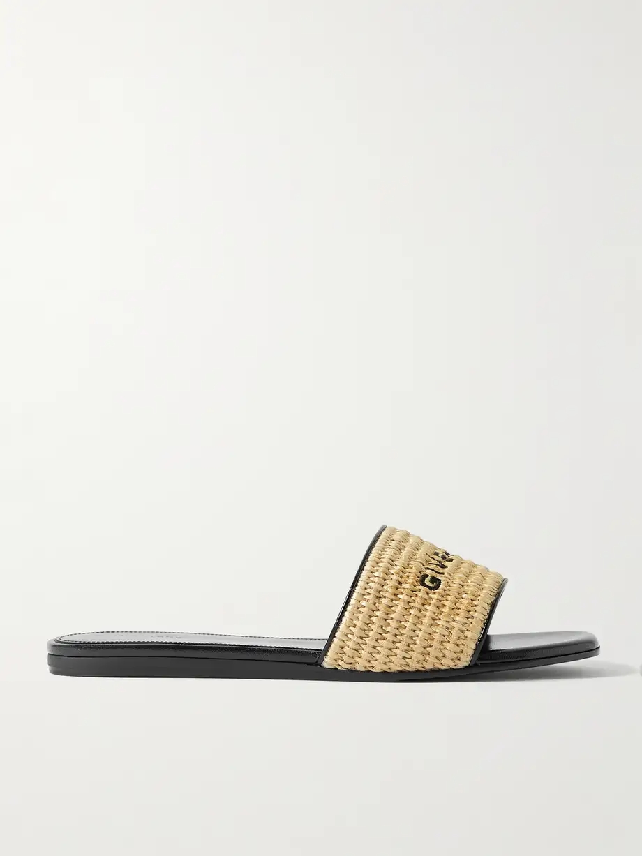 4G leather-trimmed embroidered raffia slides 4G leather-trimmed embroidered raffia slides