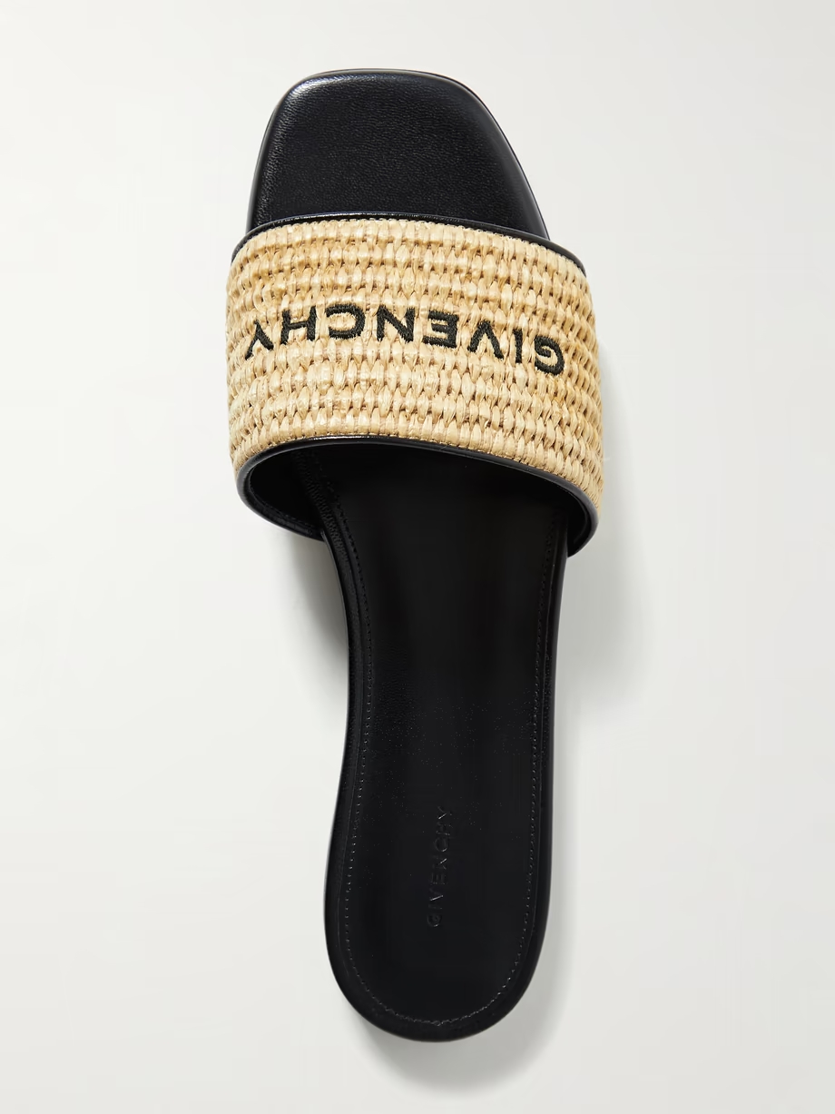 4G leather-trimmed embroidered raffia slides 4G leather-trimmed embroidered raffia slides