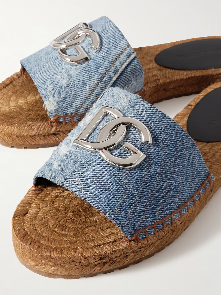 Embellished denim espadrille slides
