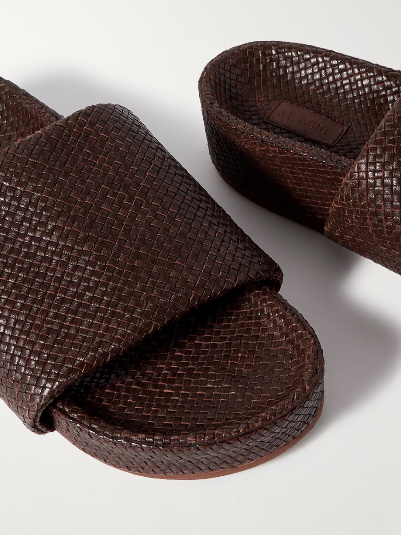 Woven leather platform slides Woven leather platform slides