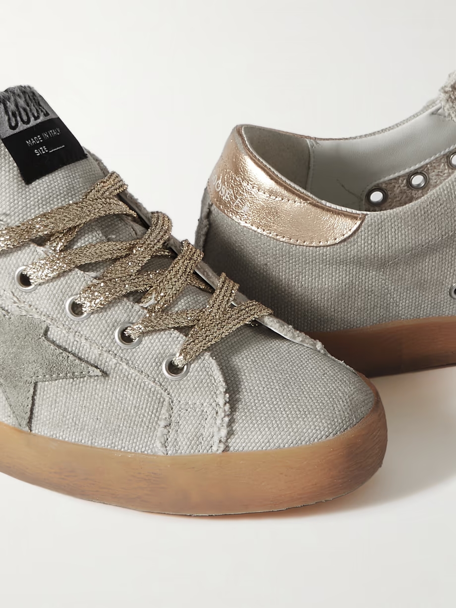 Super-Star suede and metallic leather-trimmed distressed canvas sneakers Super-Star suede and metallic leather-trimmed distressed canvas sneakers
