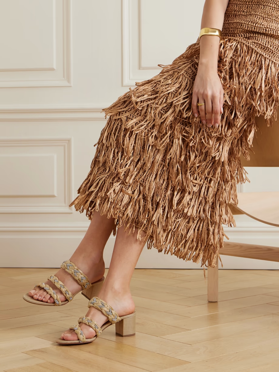 Costiera crystal-embellished cord-trimmed raffia sandals Costiera crystal-embellished cord-trimmed raffia sandals