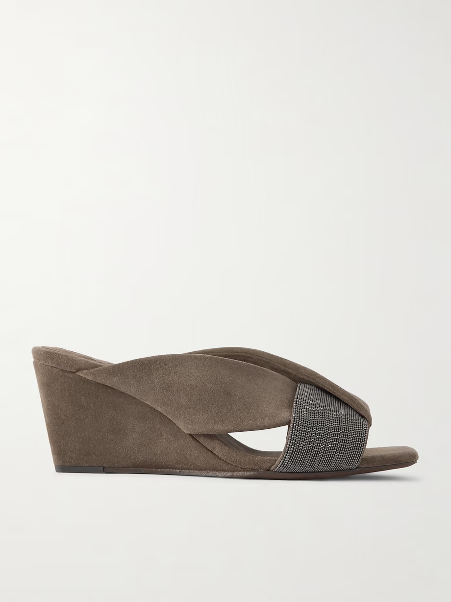 Bead-embellished suede wedge mules Bead-embellished suede wedge mules