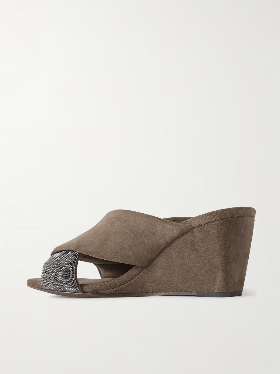 Bead-embellished suede wedge mules Bead-embellished suede wedge mules