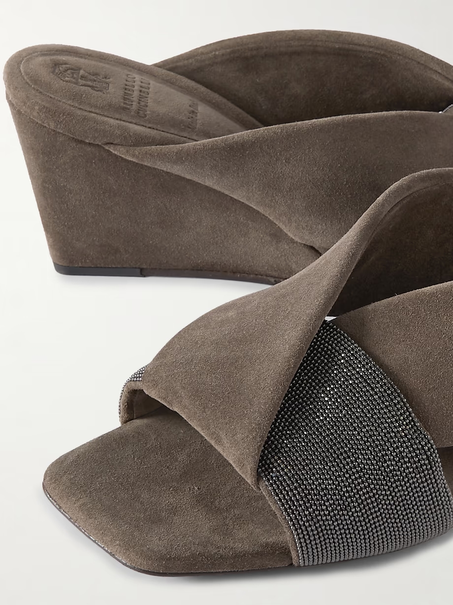 Bead-embellished suede wedge mules Bead-embellished suede wedge mules