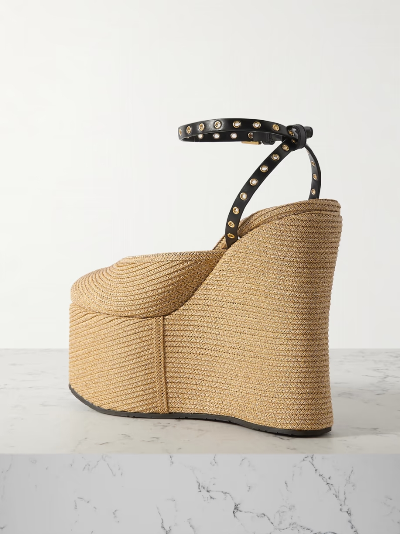La Wedge 140 leather-trimmed raffia platform pumps La Wedge 140 leather-trimmed raffia platform pumps