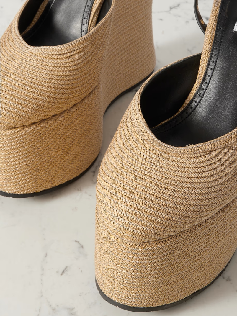 La Wedge 140 leather-trimmed raffia platform pumps La Wedge 140 leather-trimmed raffia platform pumps