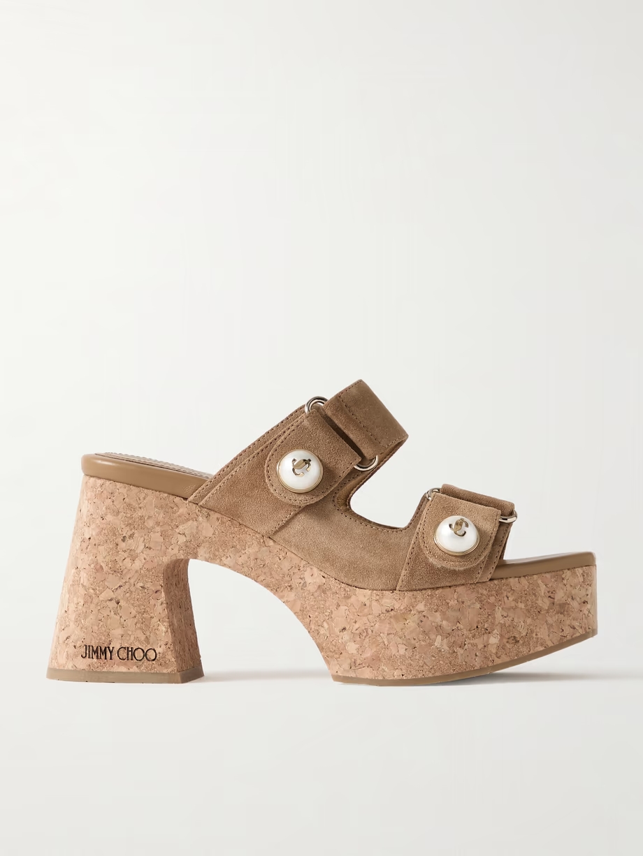 Fayence 95 faux pearl-embellished suede platform mules Fayence 95 faux pearl-embellished suede platform mules