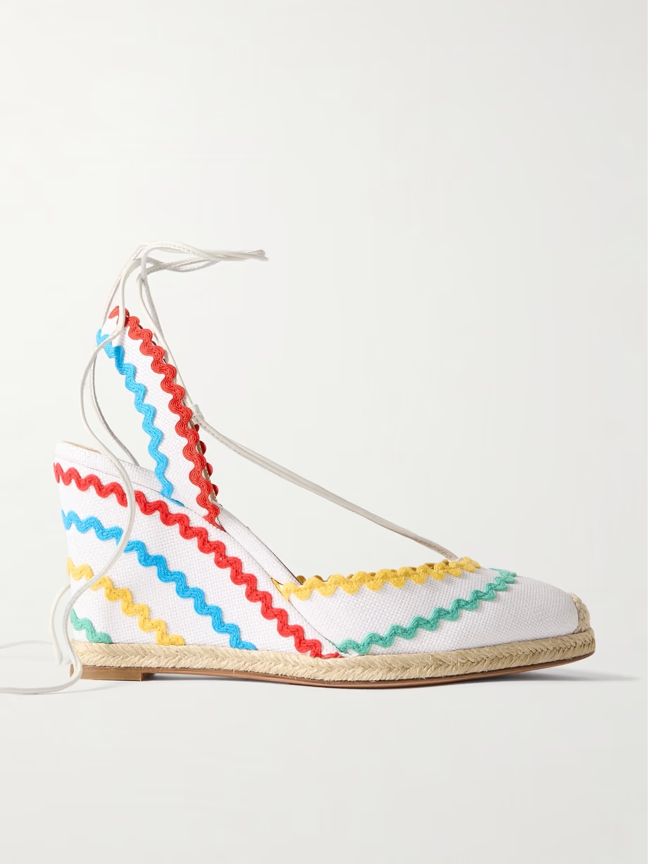 Ric Rac 85 leather-trimmed raffia wedge espadrilles Ric Rac 85 leather-trimmed raffia wedge espadrilles