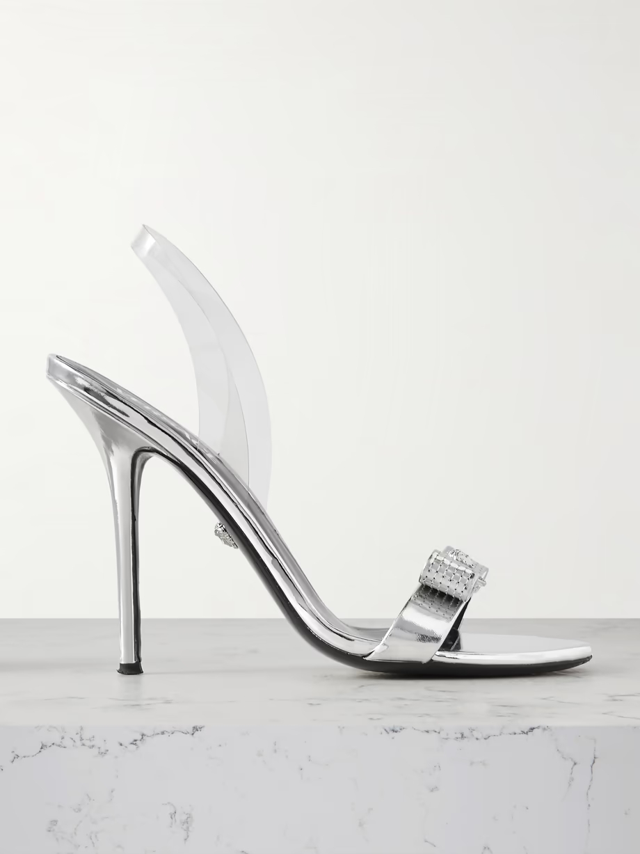 Bow-embellished metallic leather and PVC slingback sandals Bow-embellished metallic leather and PVC slingback sandals