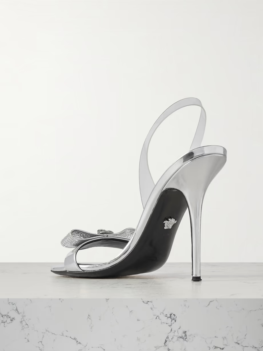 Bow-embellished metallic leather and PVC slingback sandals Bow-embellished metallic leather and PVC slingback sandals