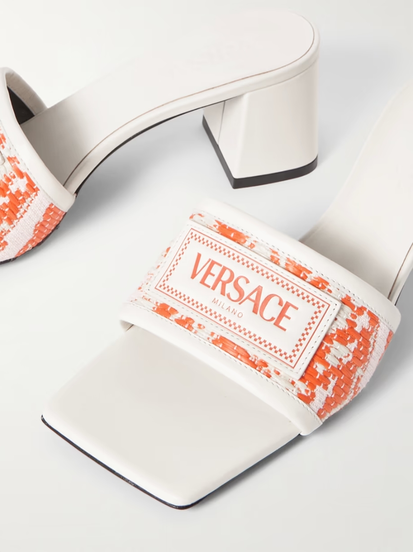 Appliquéd leather-trimmed woven faux raffia mules Appliquéd leather-trimmed woven faux raffia mules