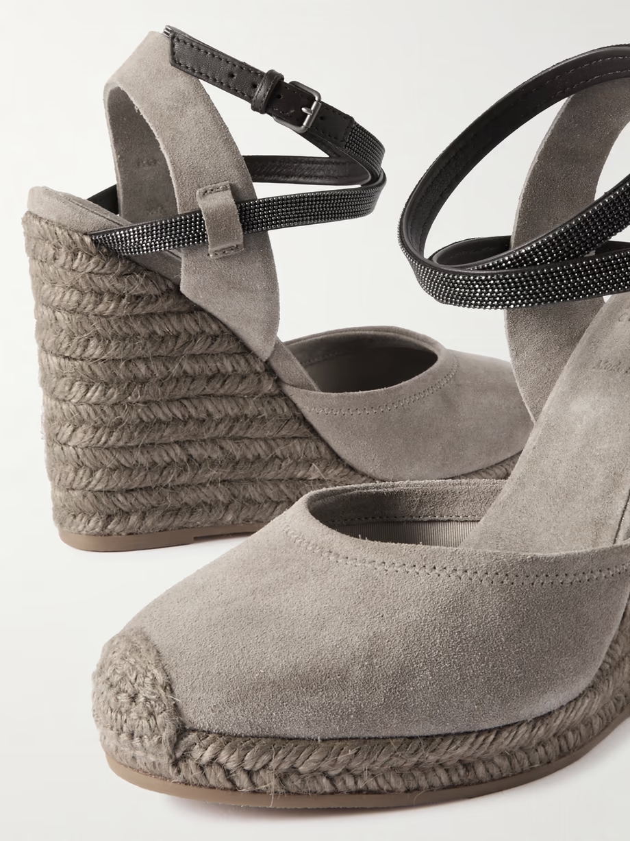 Bead-embellished leather-trimmed suede espadrilles Bead-embellished leather-trimmed suede espadrilles