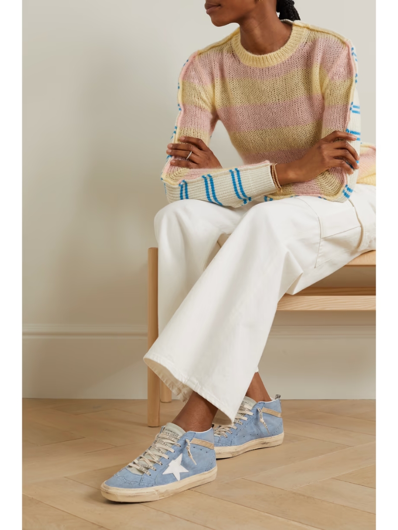 Mid Star glittered leather-trimmed distressed denim high-top sneakers Mid Star glittered leather-trimmed distressed denim high-top sneakers