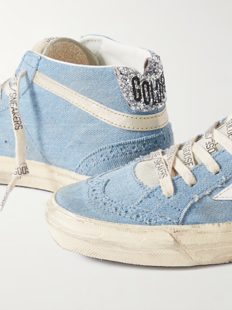 Mid Star glittered leather-trimmed distressed denim high-top sneakers Mid Star glittered leather-trimmed distressed denim high-top sneakers