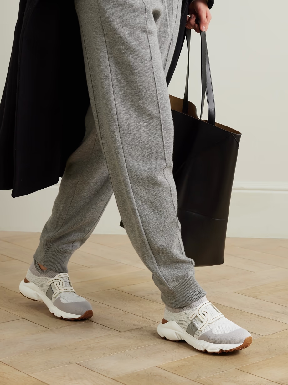 Leather-trimmed stretch-knit slip-on sneakers Leather-trimmed stretch-knit slip-on sneakers