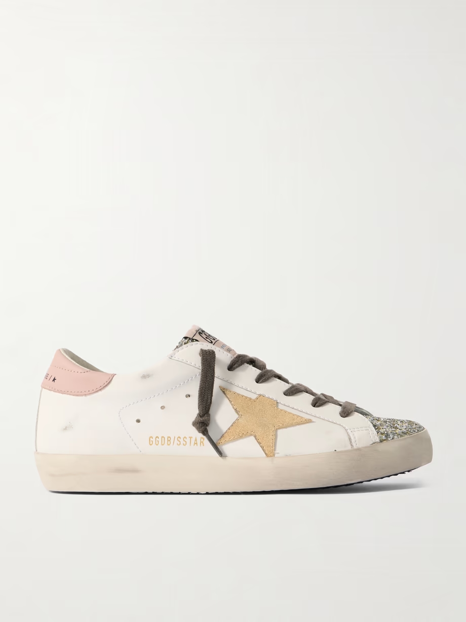 Super-Star distressed suede-trimmed glittered leather sneakers Super-Star distressed suede-trimmed glittered leather sneakers