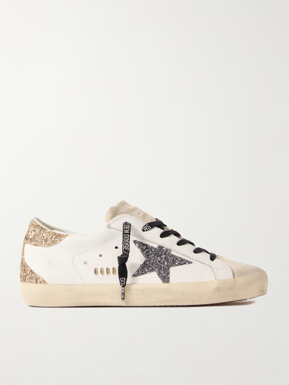 Super-Star distressed suede-trimmed glittered leather sneakers Super-Star distressed suede-trimmed glittered leather sneakers