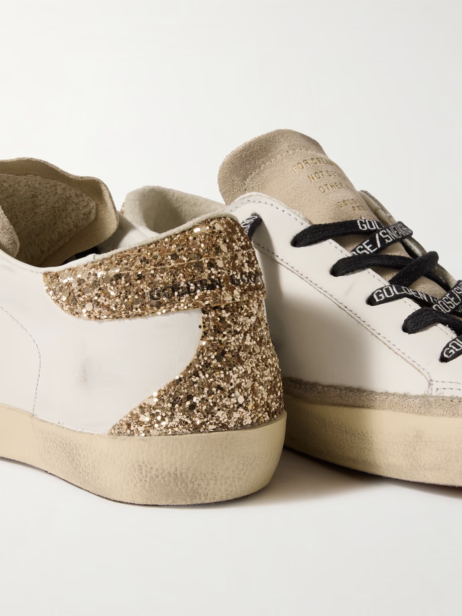 Super-Star distressed suede-trimmed glittered leather sneakers Super-Star distressed suede-trimmed glittered leather sneakers