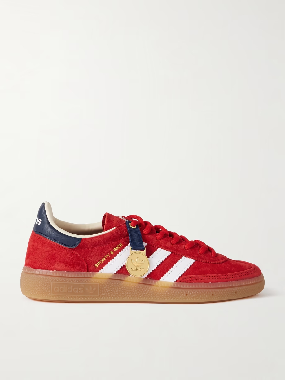 + Sporty & Rich Olympic Spezial embellished leather and grosgrain-trimmed suede sneakers + Sporty & Rich Olympic Spezial embellished leather and grosgrain-trimmed suede sneakers
