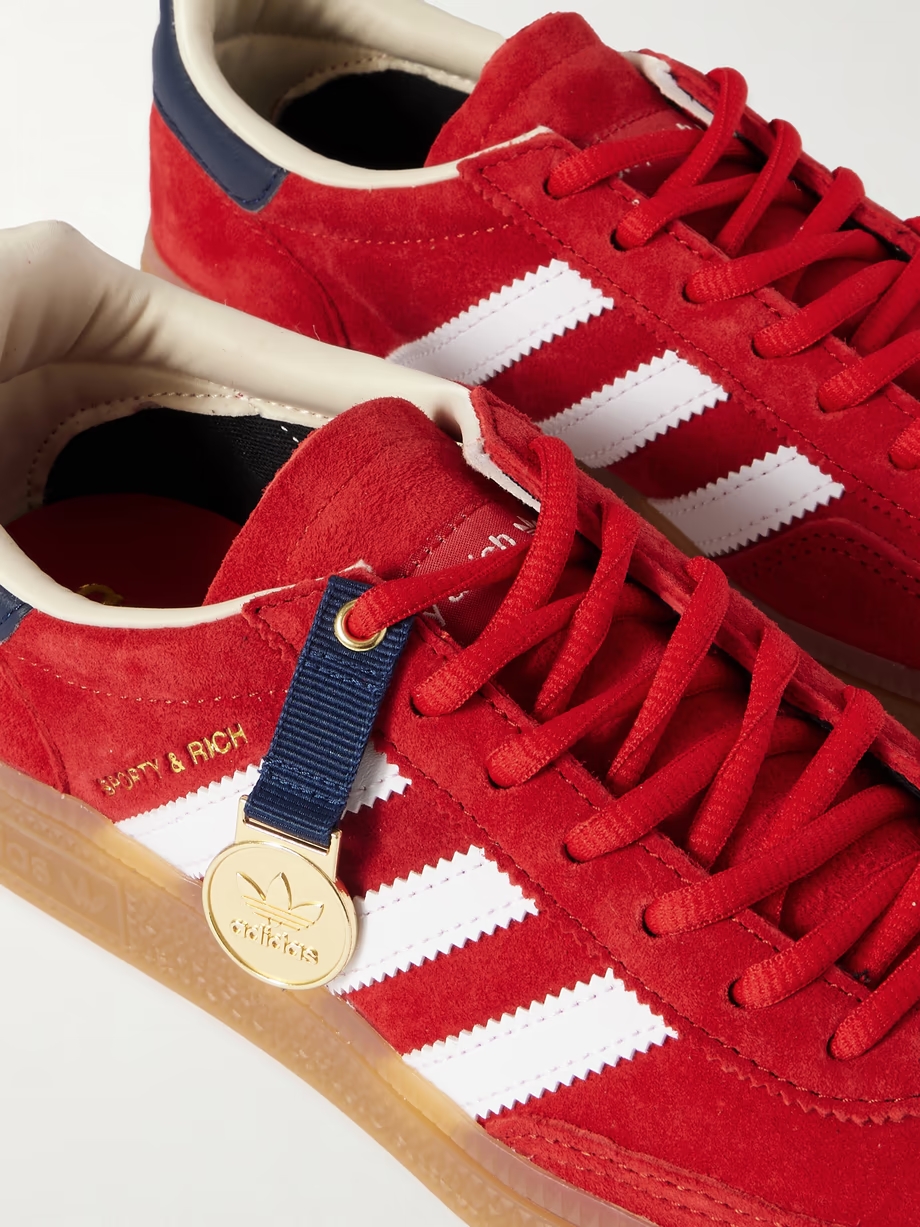 + Sporty & Rich Olympic Spezial embellished leather and grosgrain-trimmed suede sneakers + Sporty & Rich Olympic Spezial embellished leather and grosgrain-trimmed suede sneakers