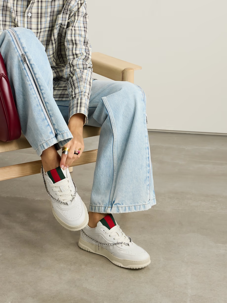 Re-Web grosgrain-trimmed crystal-embellished leather sneakers Re-Web grosgrain-trimmed crystal-embellished leather sneakers