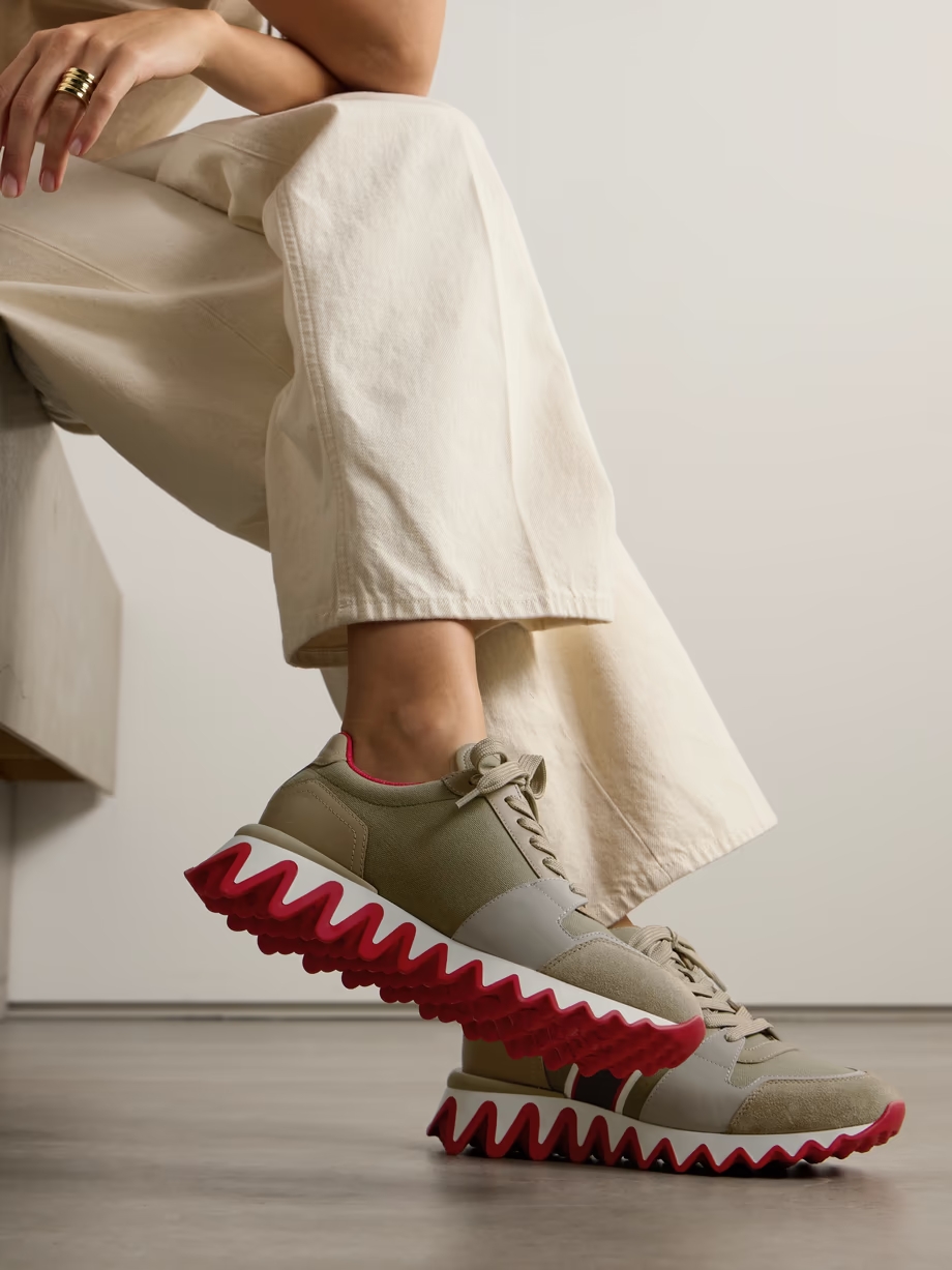 Nastroshark 40 embroidered grosgrain-trimmed suede, canvas and leather sneakers