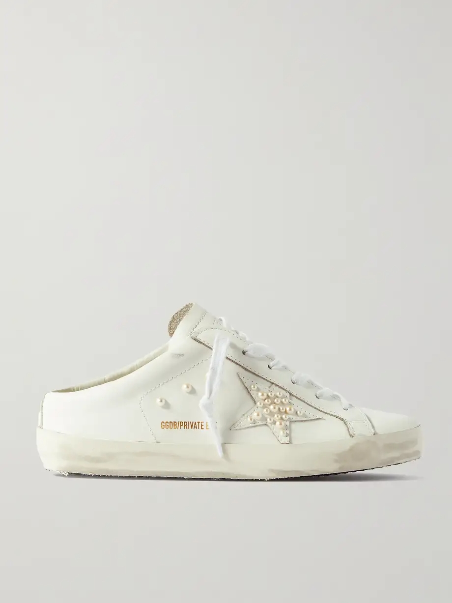 Superstar Sabotfaux pearl-embellished distressed leather slip-on sneakers Superstar Sabotfaux pearl-embellished distressed leather slip-on sneakers