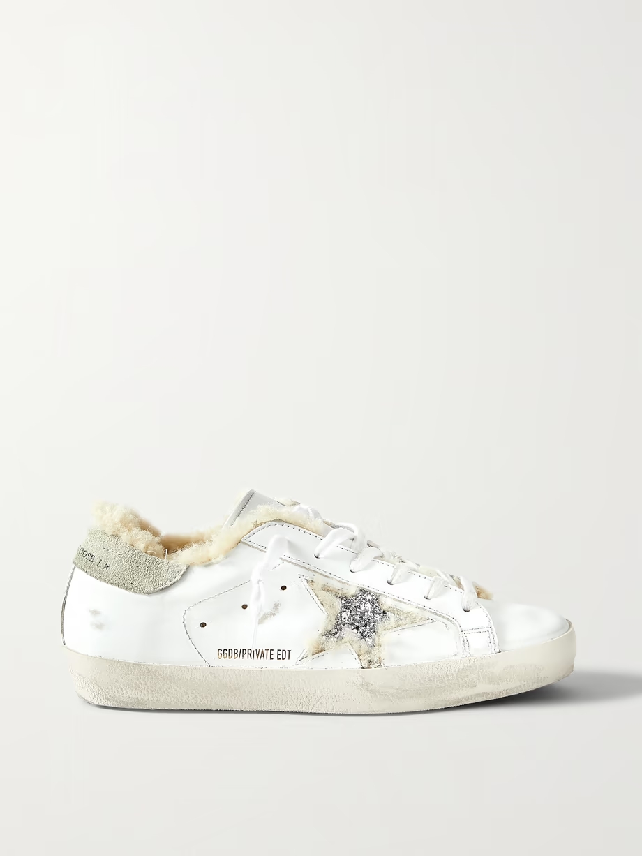 Superstar shearling-lined distressed glittered leather sneakers Superstar shearling-lined distressed glittered leather sneakers