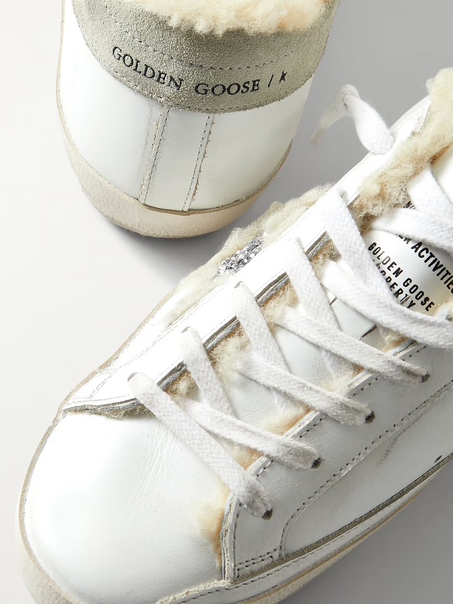 Superstar shearling-lined distressed glittered leather sneakers Superstar shearling-lined distressed glittered leather sneakers