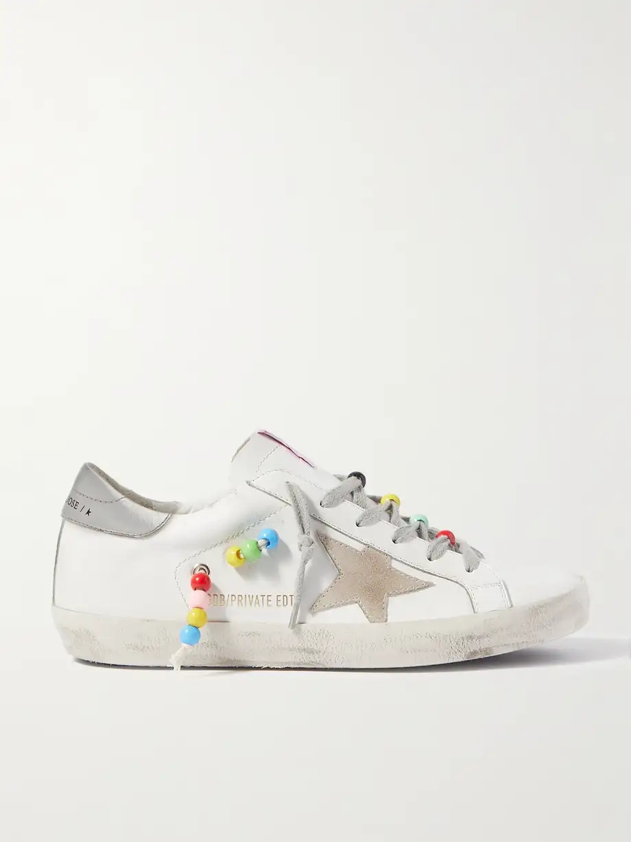 Superstar bead-embellished distressed leather and suede sneakers Superstar bead-embellished distressed leather and suede sneakers