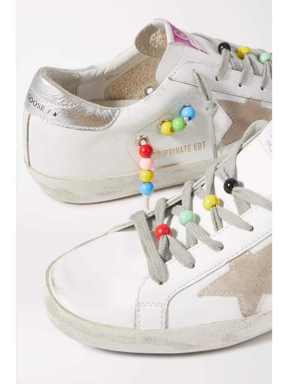 Superstar bead-embellished distressed leather and suede sneakers Superstar bead-embellished distressed leather and suede sneakers